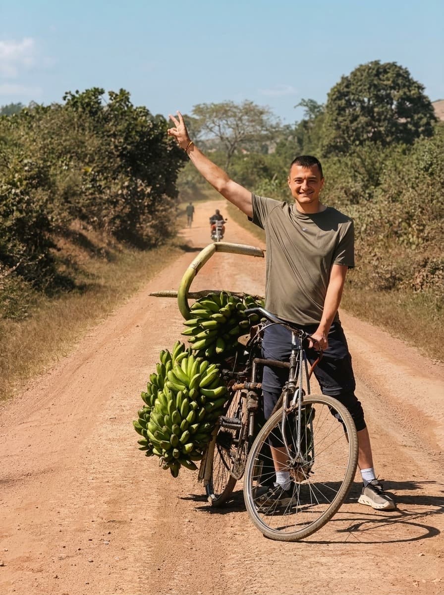 The person behind Ve.Dev, outdoors on a dirt road beside a bicycle loaded with bananas, one hand raised.
